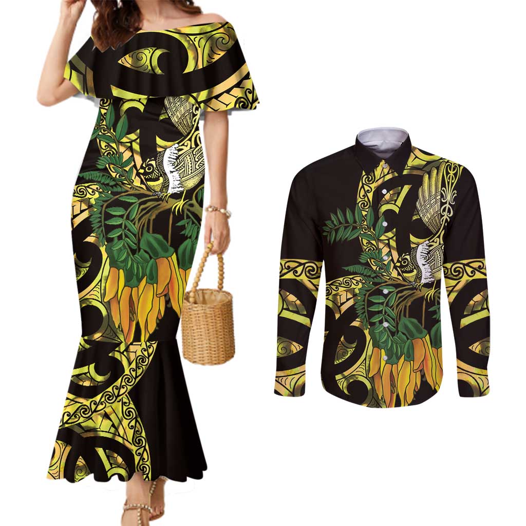 Yellow New Zealand Kowhai And Piwakawaka Couples Matching Mermaid Dress and Long Sleeve Button Shirt Maori Ngaru Paua Shell LT14 Yellow - Polynesian Pride