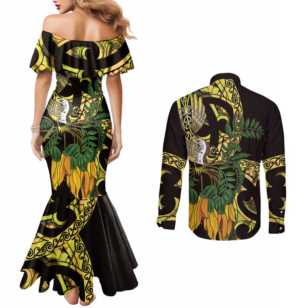 Yellow New Zealand Kowhai And Piwakawaka Couples Matching Mermaid Dress and Long Sleeve Button Shirt Maori Ngaru Paua Shell LT14 - Polynesian Pride