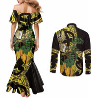 Yellow New Zealand Kowhai And Piwakawaka Couples Matching Mermaid Dress and Long Sleeve Button Shirt Maori Ngaru Paua Shell LT14 - Polynesian Pride