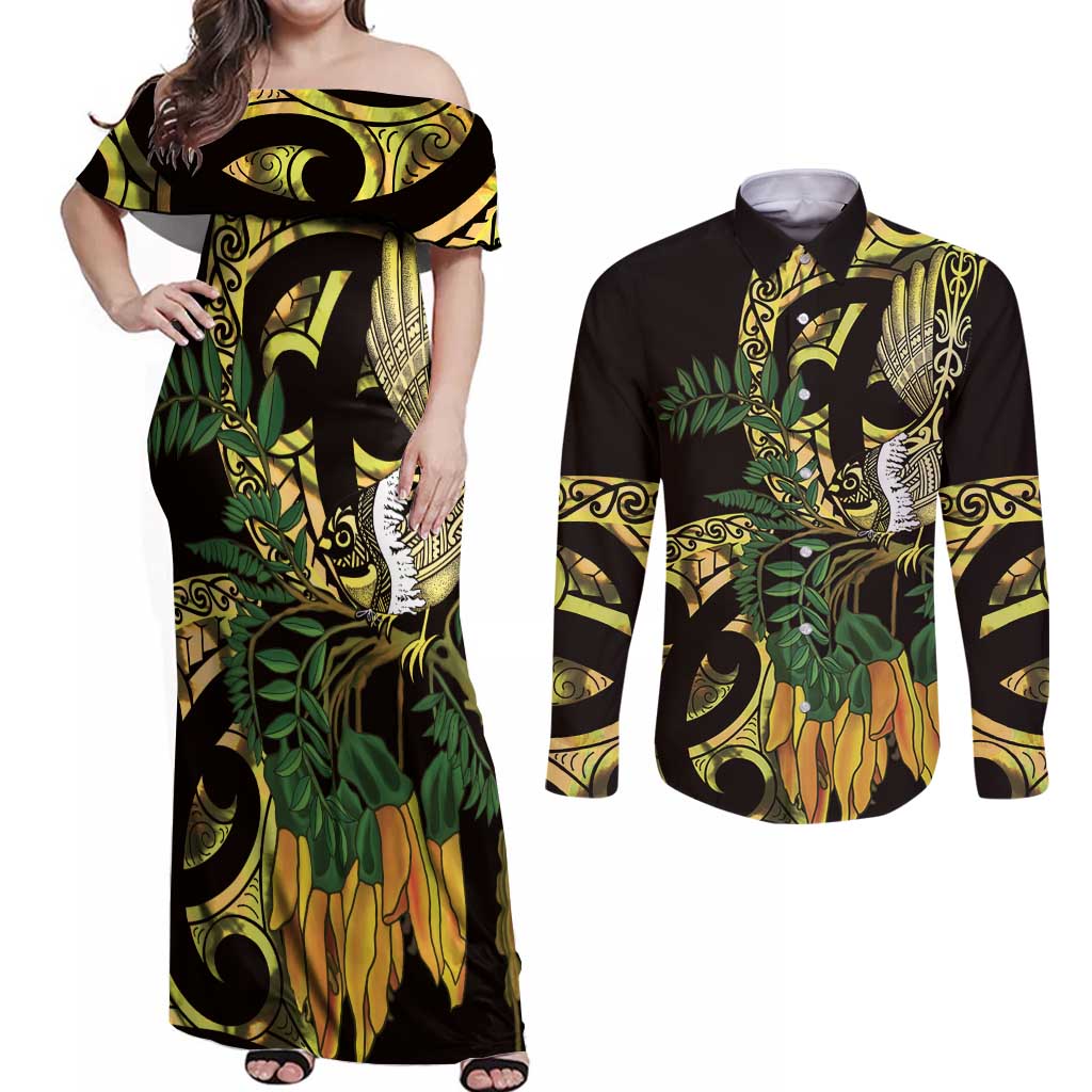 Yellow New Zealand Kowhai And Piwakawaka Couples Matching Off Shoulder Maxi Dress and Long Sleeve Button Shirt Maori Ngaru Paua Shell LT14 Yellow - Polynesian Pride