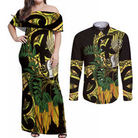 Yellow New Zealand Kowhai And Piwakawaka Couples Matching Off Shoulder Maxi Dress and Long Sleeve Button Shirt Maori Ngaru Paua Shell LT14 Yellow - Polynesian Pride