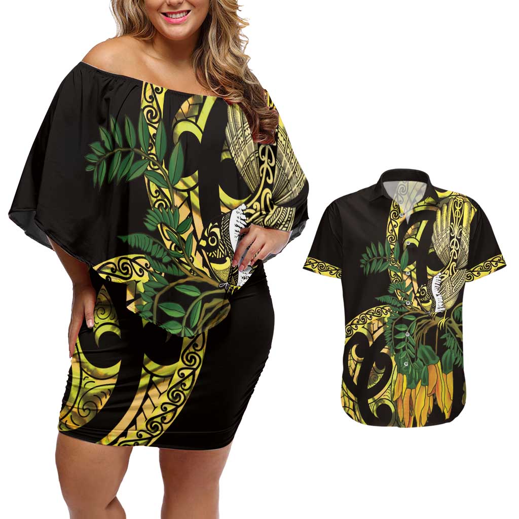 Yellow New Zealand Kowhai And Piwakawaka Couples Matching Off Shoulder Short Dress and Hawaiian Shirt Maori Ngaru Paua Shell LT14 Yellow - Polynesian Pride