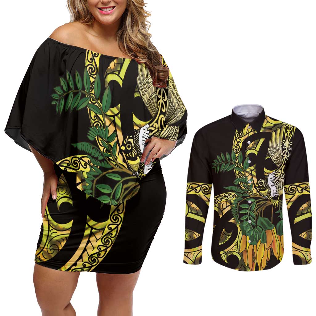 Yellow New Zealand Kowhai And Piwakawaka Couples Matching Off Shoulder Short Dress and Long Sleeve Button Shirt Maori Ngaru Paua Shell LT14 Yellow - Polynesian Pride