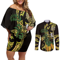 Yellow New Zealand Kowhai And Piwakawaka Couples Matching Off Shoulder Short Dress and Long Sleeve Button Shirt Maori Ngaru Paua Shell LT14 Yellow - Polynesian Pride