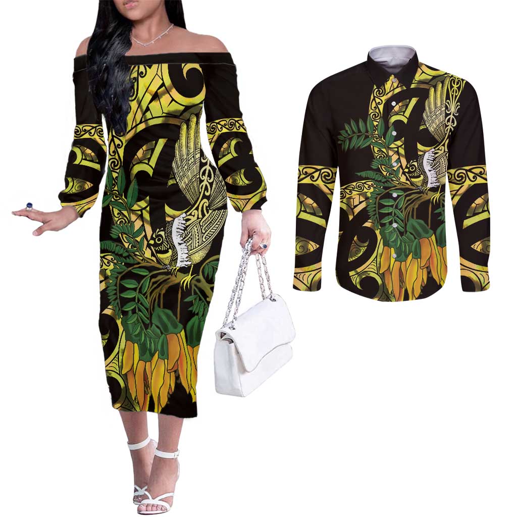 Yellow New Zealand Kowhai And Piwakawaka Couples Matching Off The Shoulder Long Sleeve Dress and Long Sleeve Button Shirt Maori Ngaru Paua Shell LT14 Yellow - Polynesian Pride