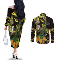 Yellow New Zealand Kowhai And Piwakawaka Couples Matching Off The Shoulder Long Sleeve Dress and Long Sleeve Button Shirt Maori Ngaru Paua Shell LT14 - Polynesian Pride