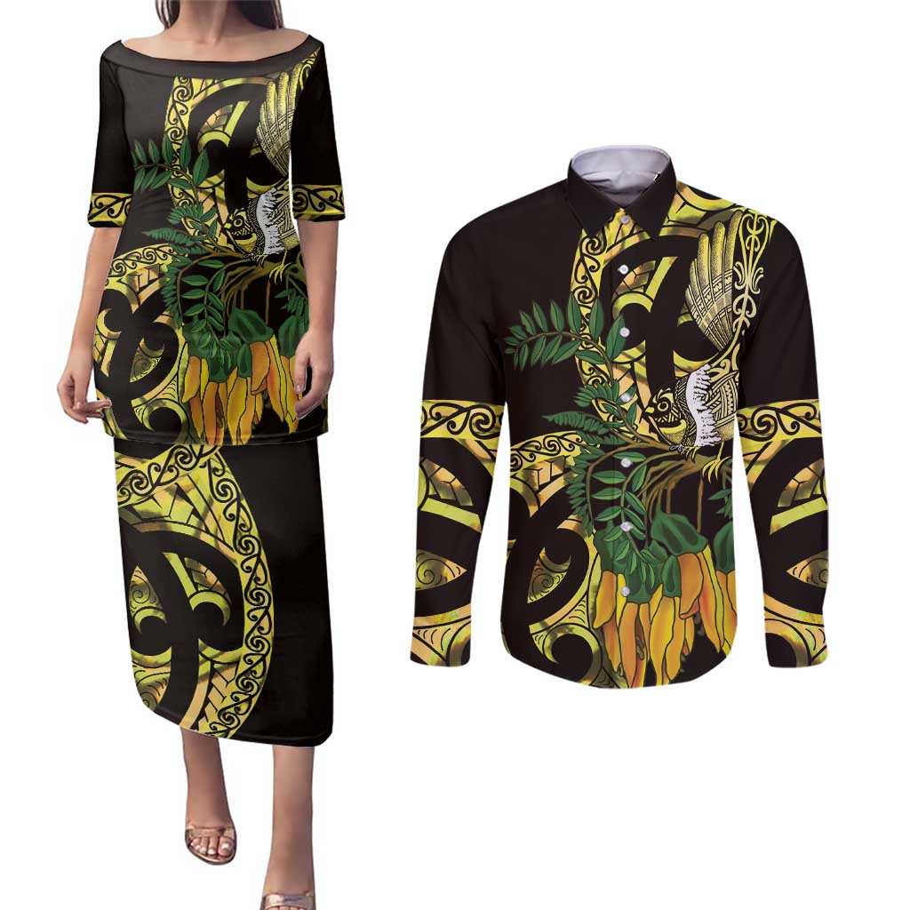 Yellow New Zealand Kowhai And Piwakawaka Couples Matching Puletasi and Long Sleeve Button Shirt Maori Ngaru Paua Shell LT14 Yellow - Polynesian Pride