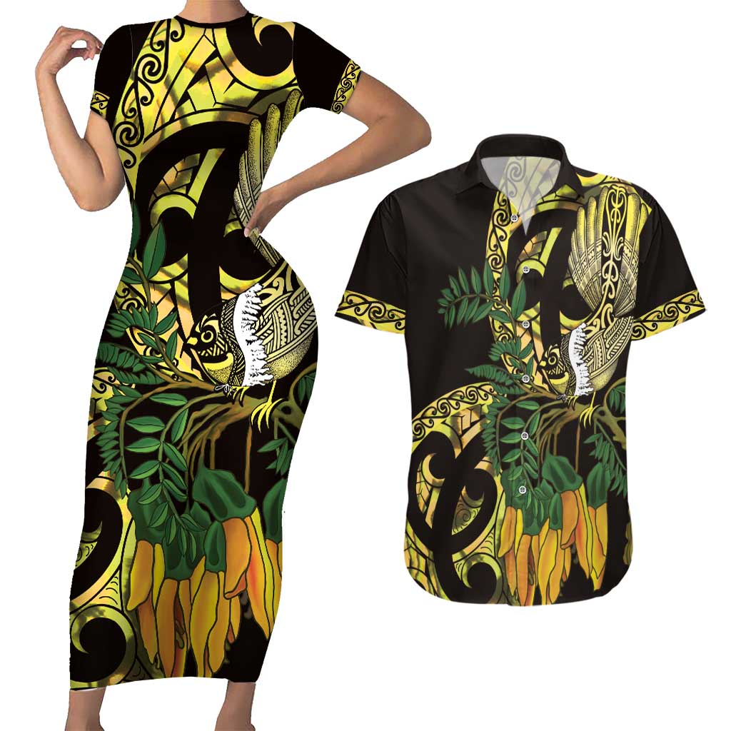 Yellow New Zealand Kowhai And Piwakawaka Couples Matching Short Sleeve Bodycon Dress and Hawaiian Shirt Maori Ngaru Paua Shell LT14 Yellow - Polynesian Pride