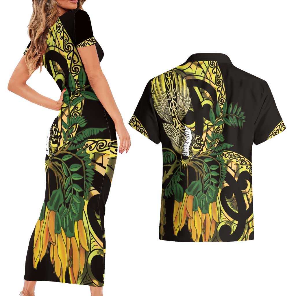 Yellow New Zealand Kowhai And Piwakawaka Couples Matching Short Sleeve Bodycon Dress and Hawaiian Shirt Maori Ngaru Paua Shell LT14 - Polynesian Pride
