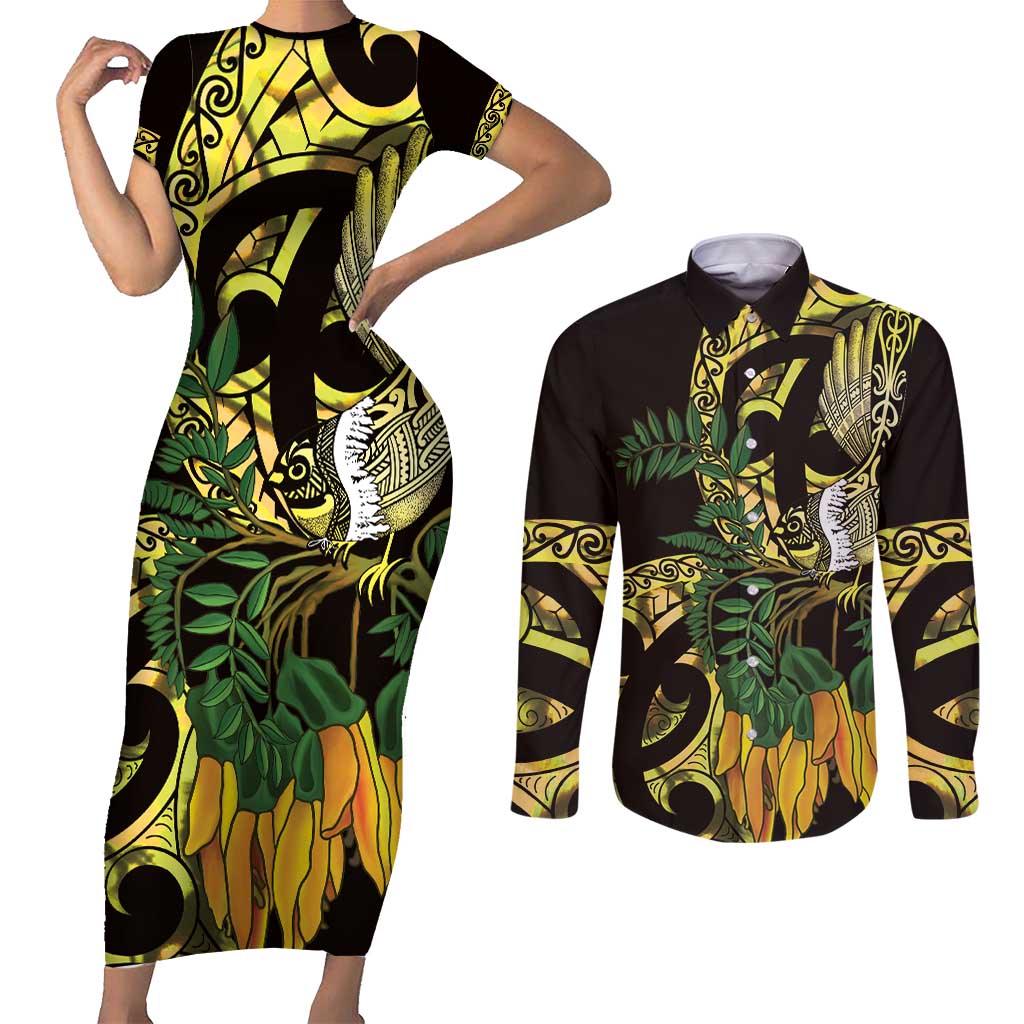 Yellow New Zealand Kowhai And Piwakawaka Couples Matching Short Sleeve Bodycon Dress and Long Sleeve Button Shirt Maori Ngaru Paua Shell LT14 Yellow - Polynesian Pride