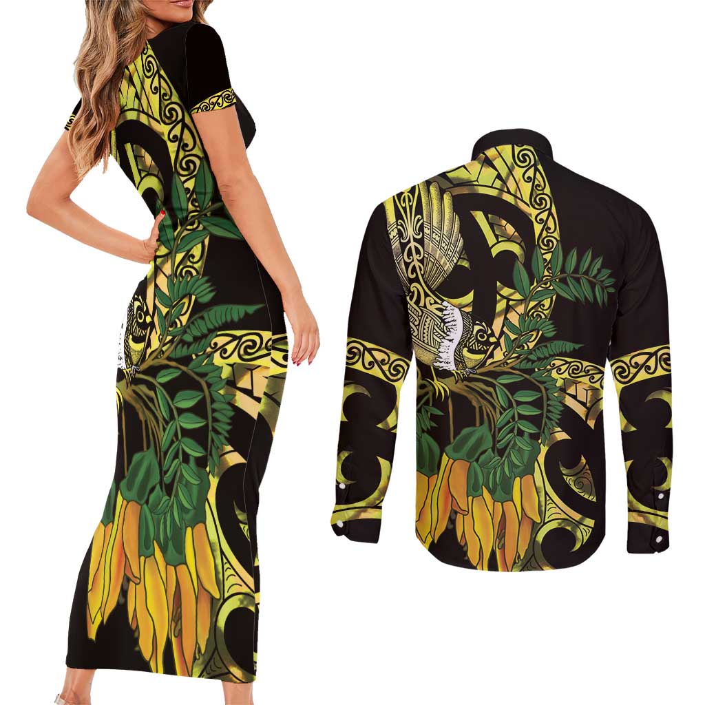 Yellow New Zealand Kowhai And Piwakawaka Couples Matching Short Sleeve Bodycon Dress and Long Sleeve Button Shirt Maori Ngaru Paua Shell LT14 - Polynesian Pride
