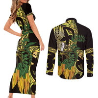 Yellow New Zealand Kowhai And Piwakawaka Couples Matching Short Sleeve Bodycon Dress and Long Sleeve Button Shirt Maori Ngaru Paua Shell LT14 - Polynesian Pride