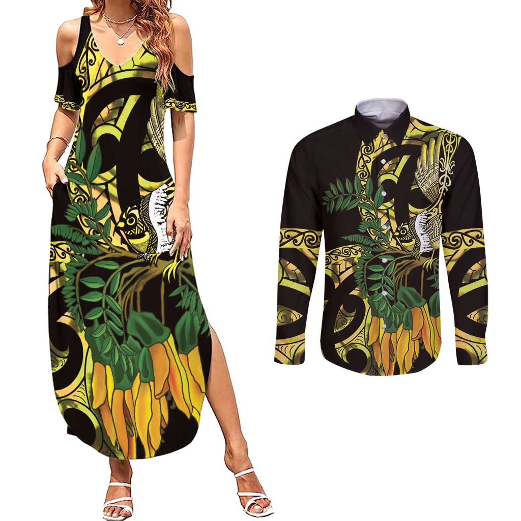 Yellow New Zealand Kowhai And Piwakawaka Couples Matching Summer Maxi Dress and Long Sleeve Button Shirt Maori Ngaru Paua Shell LT14 Yellow - Polynesian Pride