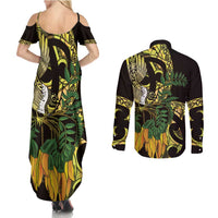 Yellow New Zealand Kowhai And Piwakawaka Couples Matching Summer Maxi Dress and Long Sleeve Button Shirt Maori Ngaru Paua Shell LT14 - Polynesian Pride