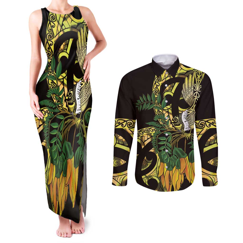 Yellow New Zealand Kowhai And Piwakawaka Couples Matching Tank Maxi Dress and Long Sleeve Button Shirt Maori Ngaru Paua Shell LT14 Yellow - Polynesian Pride
