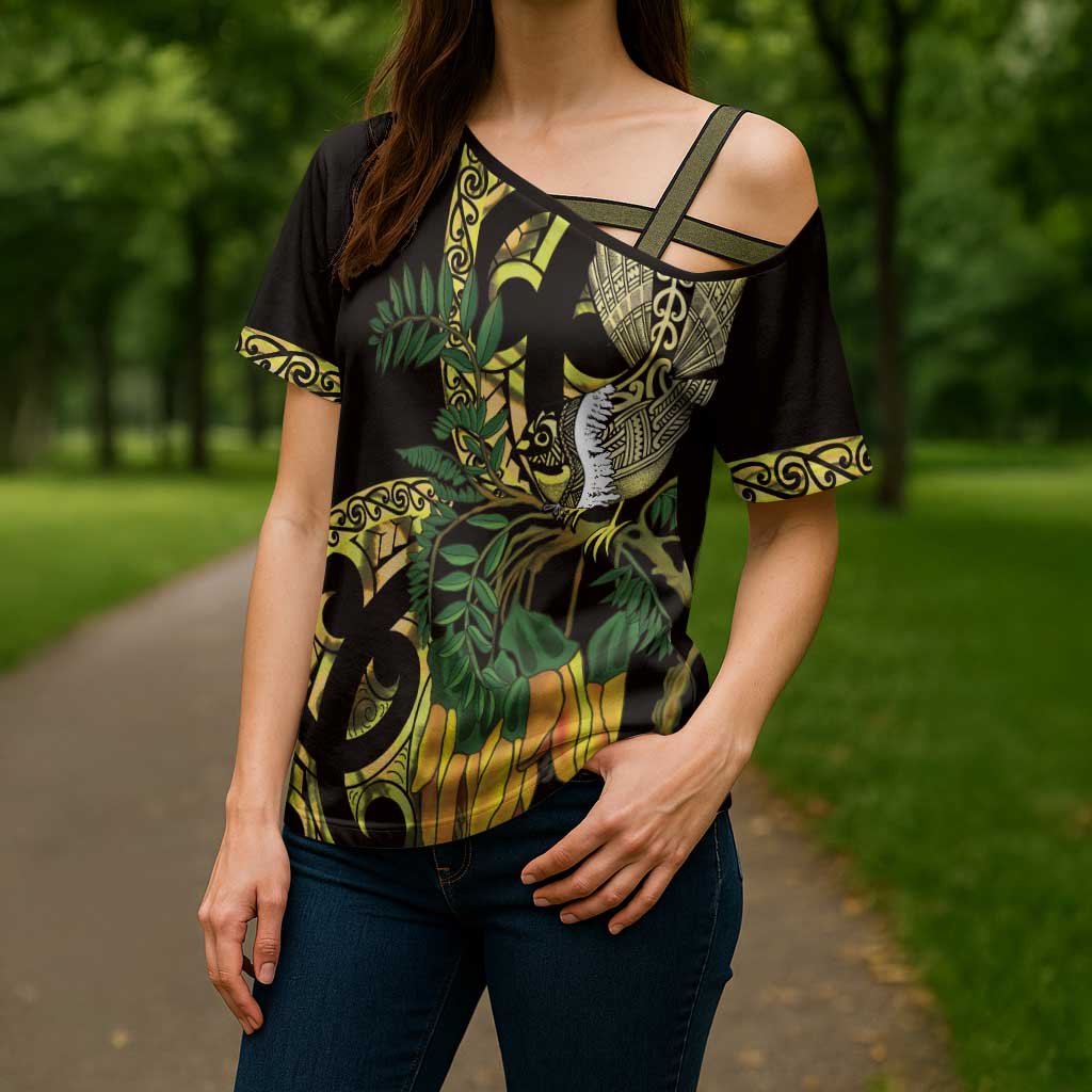 Yellow New Zealand Kowhai And Piwakawaka Cross Shoulder Shirt Maori Ngaru Paua Shell LT14 - Polynesian Pride