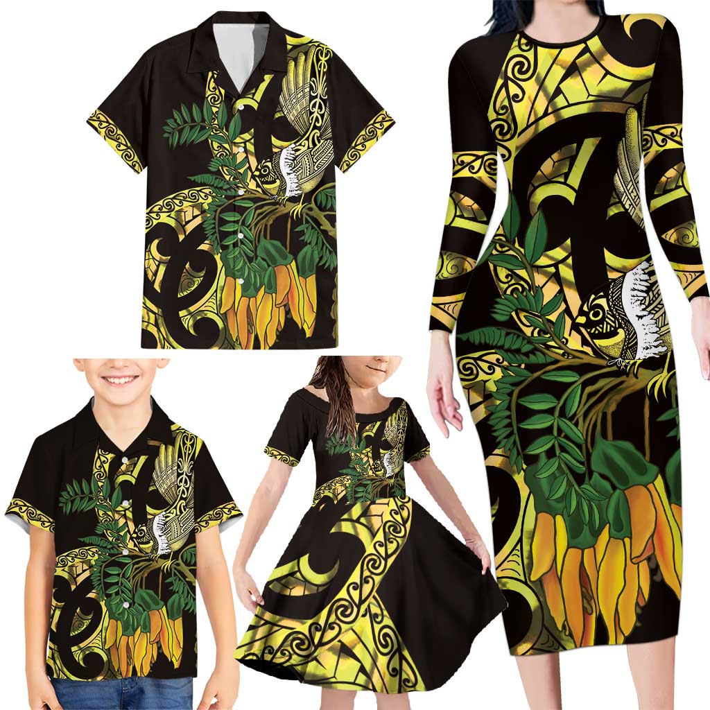 Yellow New Zealand Kowhai And Piwakawaka Family Matching Long Sleeve Bodycon Dress and Hawaiian Shirt Maori Ngaru Paua Shell LT14 - Polynesian Pride
