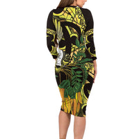 Yellow New Zealand Kowhai And Piwakawaka Family Matching Long Sleeve Bodycon Dress and Hawaiian Shirt Maori Ngaru Paua Shell LT14 - Polynesian Pride