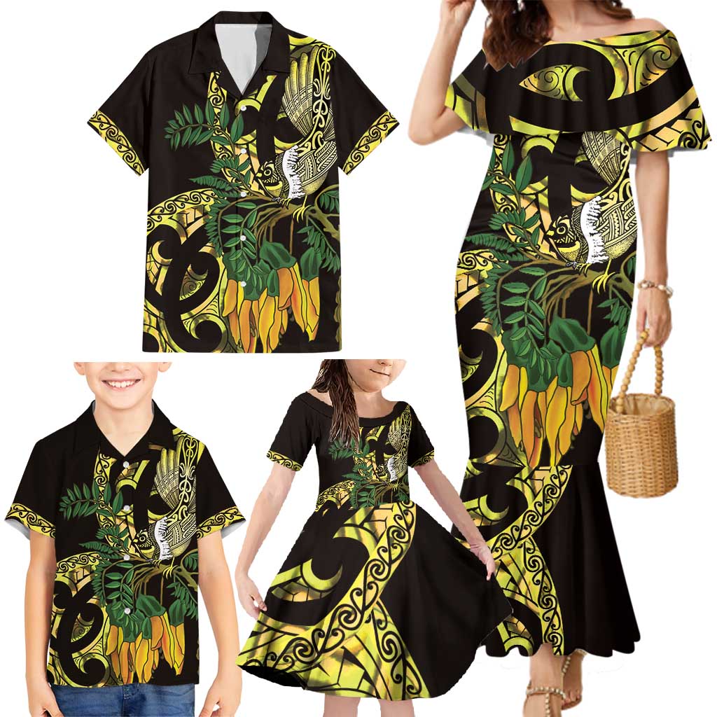 Yellow New Zealand Kowhai And Piwakawaka Family Matching Mermaid Dress and Hawaiian Shirt Maori Ngaru Paua Shell LT14 - Polynesian Pride