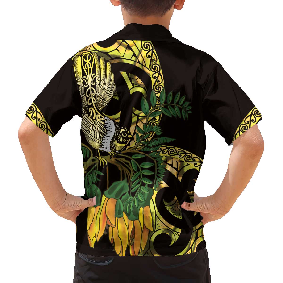 Yellow New Zealand Kowhai And Piwakawaka Family Matching Off The Shoulder Long Sleeve Dress and Hawaiian Shirt Maori Ngaru Paua Shell LT14 - Polynesian Pride