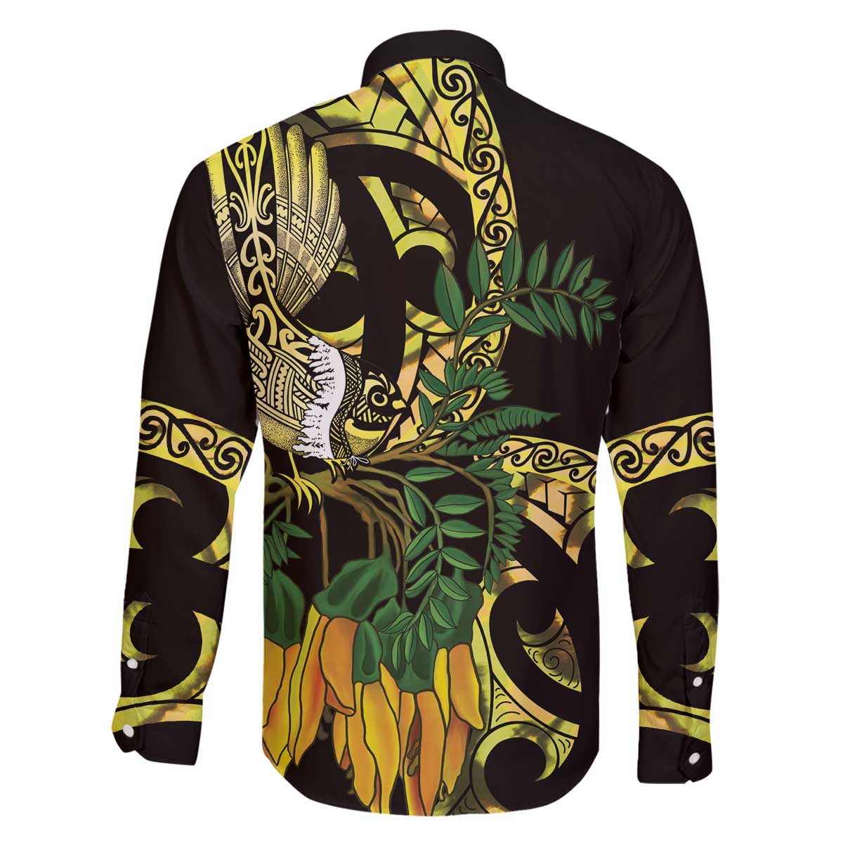 Yellow New Zealand Kowhai And Piwakawaka Family Matching Off The Shoulder Long Sleeve Dress and Hawaiian Shirt Maori Ngaru Paua Shell LT14 - Polynesian Pride