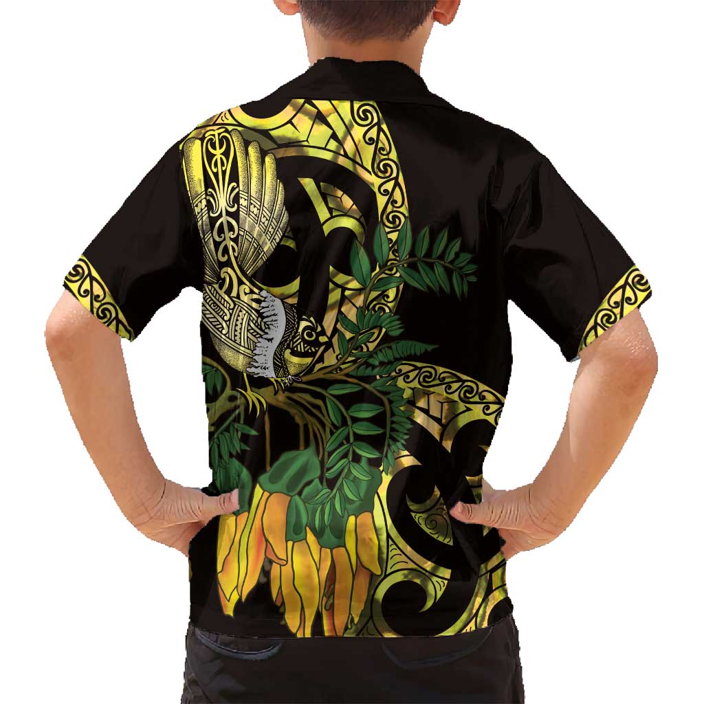 Yellow New Zealand Kowhai And Piwakawaka Family Matching Off Shoulder Maxi Dress and Hawaiian Shirt Maori Ngaru Paua Shell LT14 - Polynesian Pride
