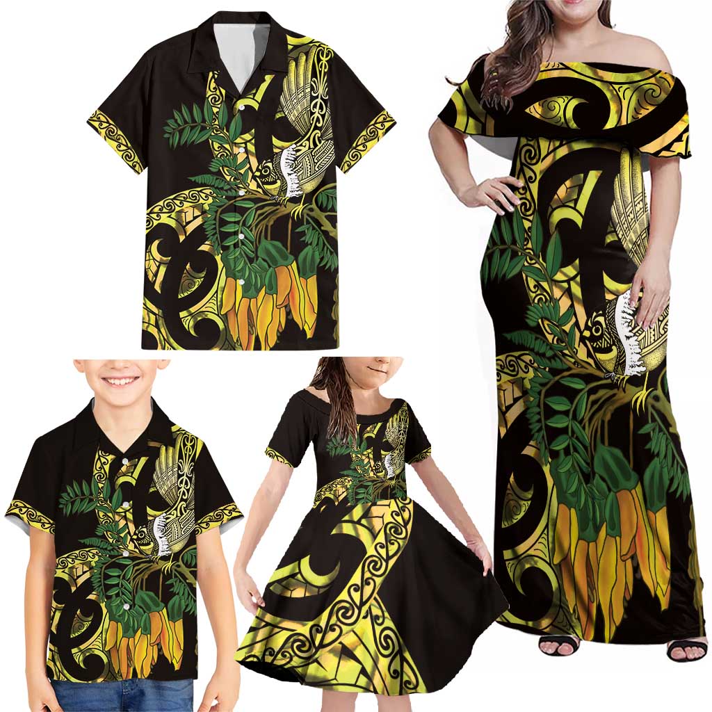Yellow New Zealand Kowhai And Piwakawaka Family Matching Off Shoulder Maxi Dress and Hawaiian Shirt Maori Ngaru Paua Shell LT14 - Polynesian Pride