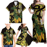 Yellow New Zealand Kowhai And Piwakawaka Family Matching Off Shoulder Maxi Dress and Hawaiian Shirt Maori Ngaru Paua Shell LT14 - Polynesian Pride