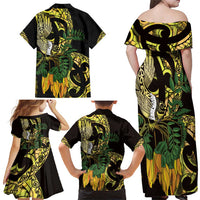 Yellow New Zealand Kowhai And Piwakawaka Family Matching Off Shoulder Maxi Dress and Hawaiian Shirt Maori Ngaru Paua Shell LT14 - Polynesian Pride