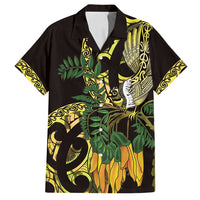 Yellow New Zealand Kowhai And Piwakawaka Family Matching Off Shoulder Maxi Dress and Hawaiian Shirt Maori Ngaru Paua Shell LT14 Dad's Shirt - Short Sleeve Yellow - Polynesian Pride