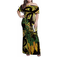 Yellow New Zealand Kowhai And Piwakawaka Family Matching Off Shoulder Maxi Dress and Hawaiian Shirt Maori Ngaru Paua Shell LT14 Mom's Dress Yellow - Polynesian Pride