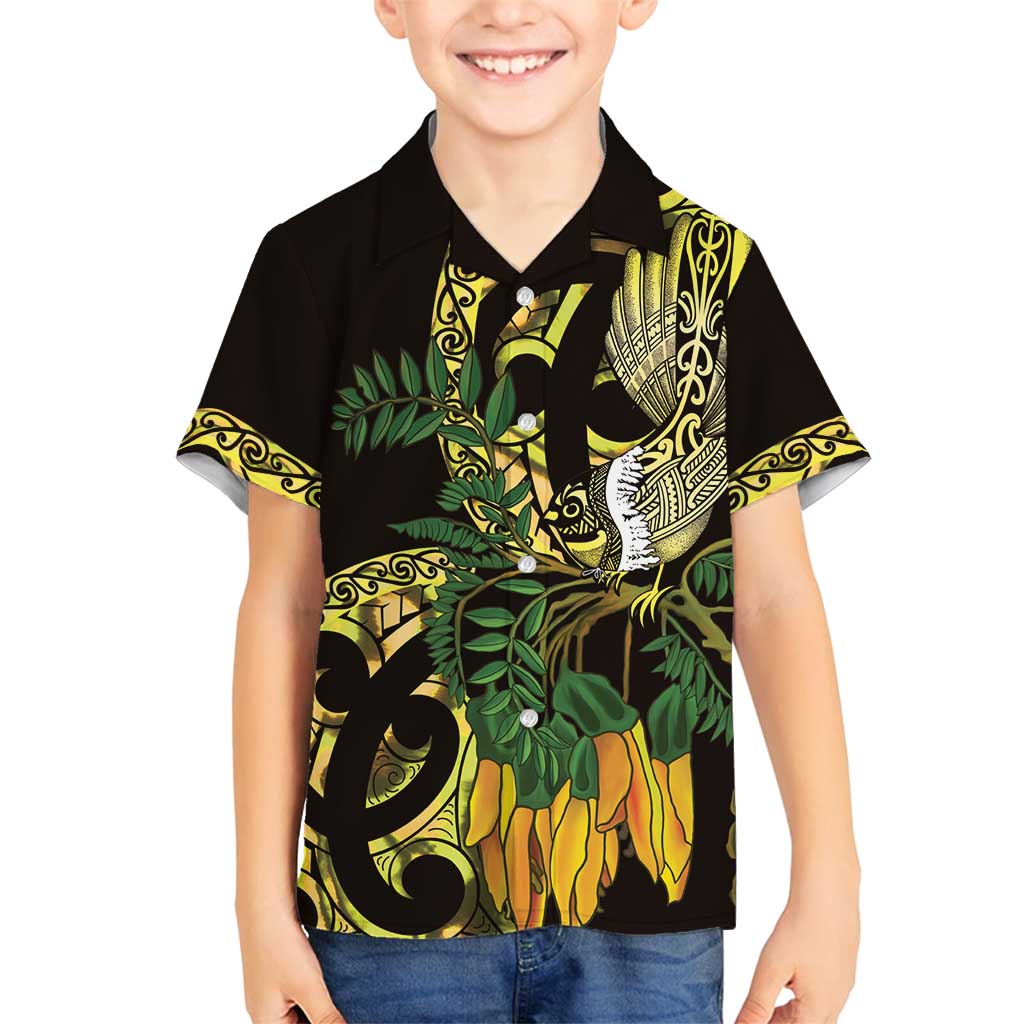Yellow New Zealand Kowhai And Piwakawaka Family Matching Off Shoulder Maxi Dress and Hawaiian Shirt Maori Ngaru Paua Shell LT14 Son's Shirt Yellow - Polynesian Pride