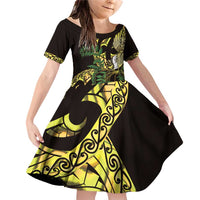 Yellow New Zealand Kowhai And Piwakawaka Family Matching Off Shoulder Short Dress and Hawaiian Shirt Maori Ngaru Paua Shell LT14 Daughter's Dress Yellow - Polynesian Pride