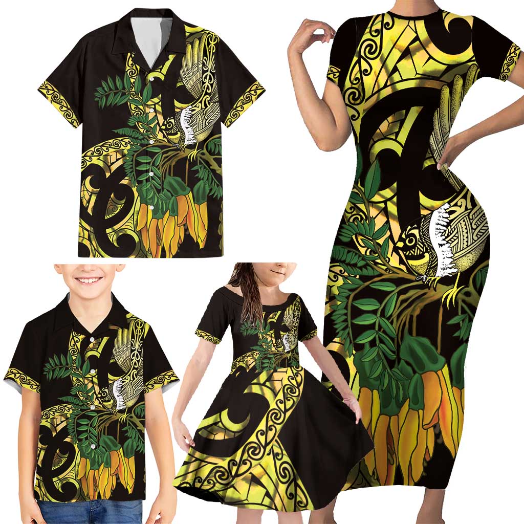 Yellow New Zealand Kowhai And Piwakawaka Family Matching Short Sleeve Bodycon Dress and Hawaiian Shirt Maori Ngaru Paua Shell LT14 - Polynesian Pride