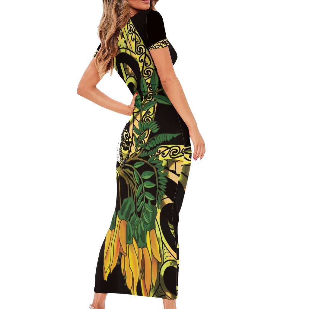 Yellow New Zealand Kowhai And Piwakawaka Family Matching Short Sleeve Bodycon Dress and Hawaiian Shirt Maori Ngaru Paua Shell LT14 - Polynesian Pride