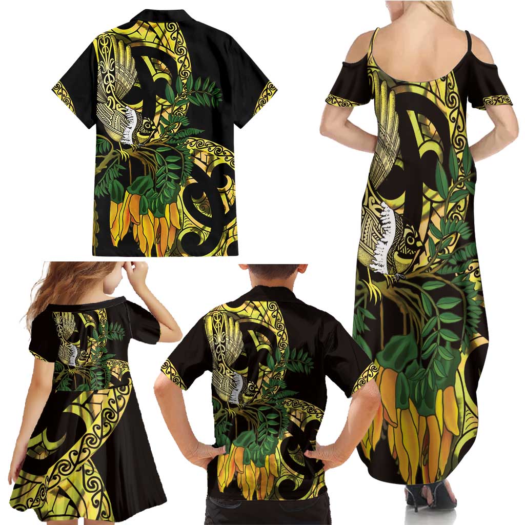 Yellow New Zealand Kowhai And Piwakawaka Family Matching Summer Maxi Dress and Hawaiian Shirt Maori Ngaru Paua Shell LT14 - Polynesian Pride