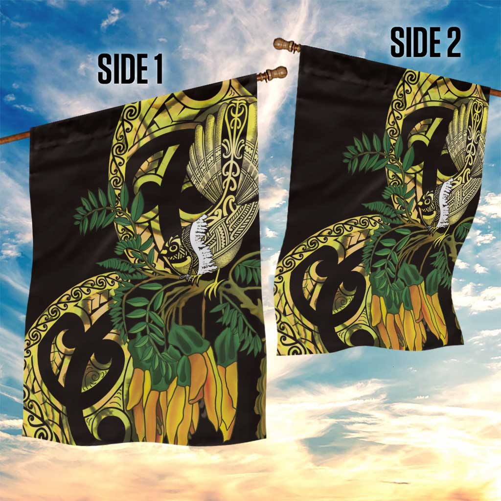 Yellow New Zealand Kowhai And Piwakawaka Garden Flag Maori Ngaru Paua Shell LT14 - Polynesian Pride