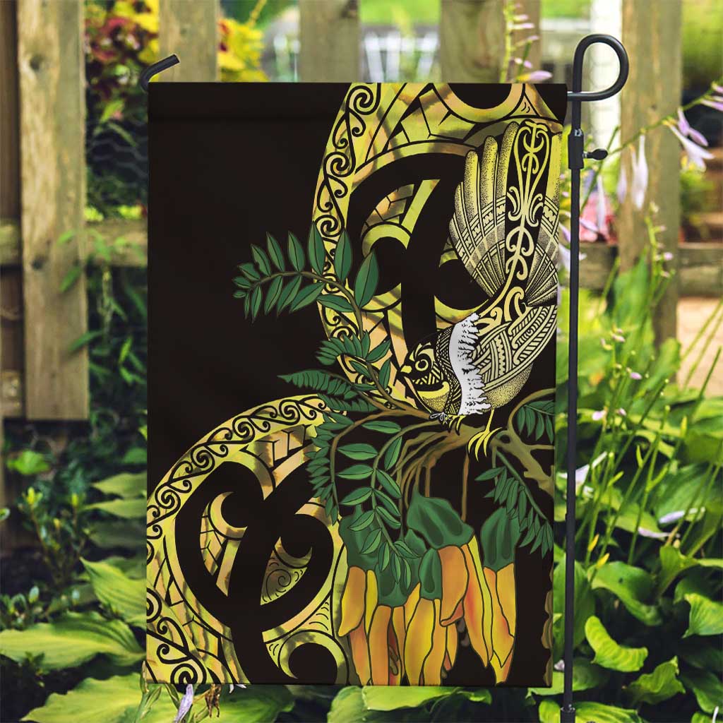 Yellow New Zealand Kowhai And Piwakawaka Garden Flag Maori Ngaru Paua Shell LT14 Garden Flag Yellow - Polynesian Pride