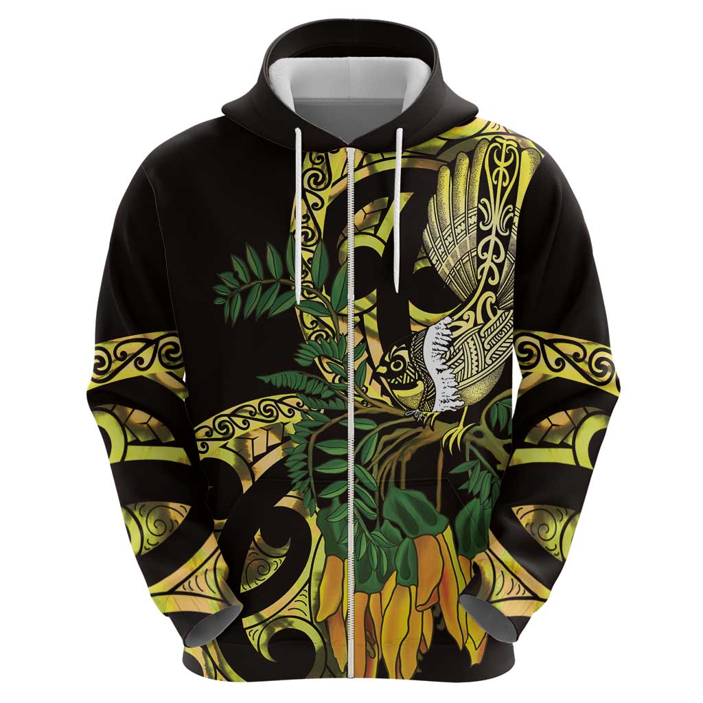 Yellow New Zealand Kowhai And Piwakawaka Hoodie Maori Ngaru Paua Shell LT14 - Polynesian Pride