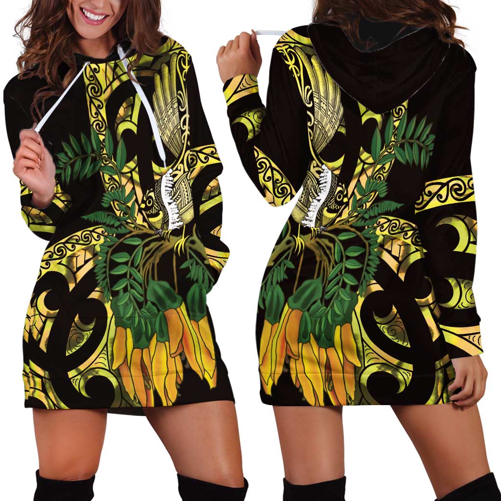 Yellow New Zealand Kowhai And Piwakawaka Hoodie Dress Maori Ngaru Paua Shell LT14 - Polynesian Pride