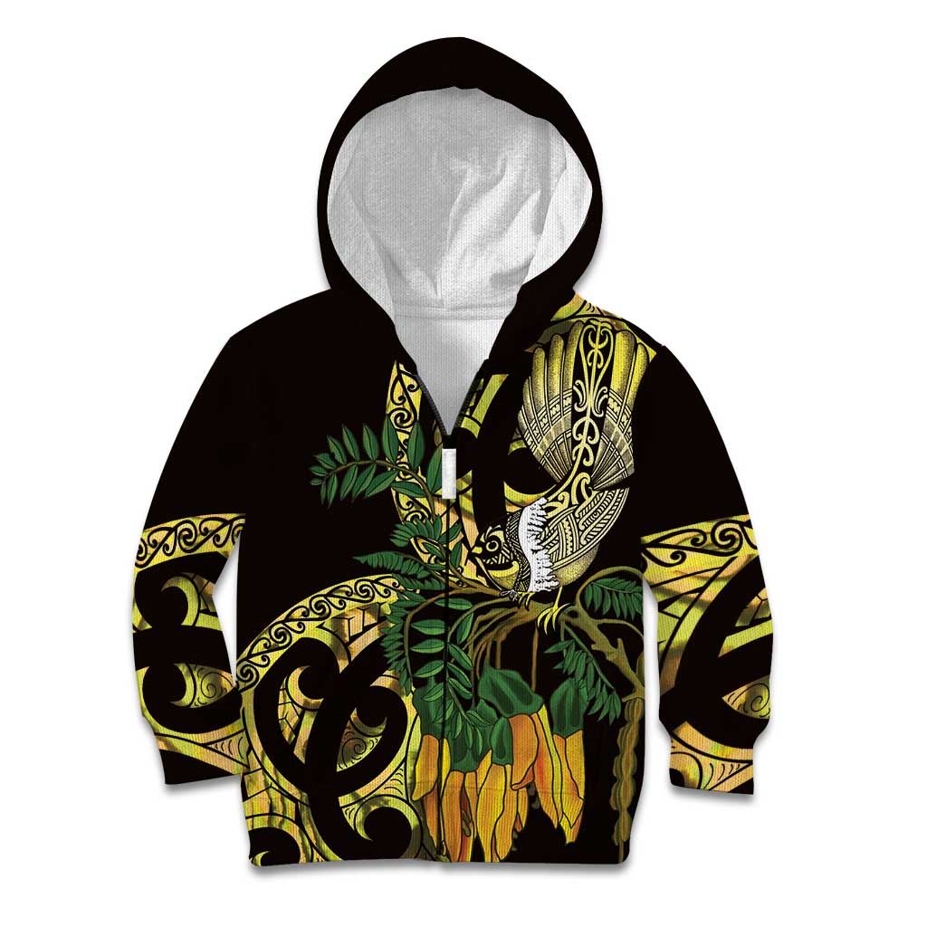 Yellow New Zealand Kowhai And Piwakawaka Kid Hoodie Maori Ngaru Paua Shell LT14 Zip Hoodie Yellow - Polynesian Pride