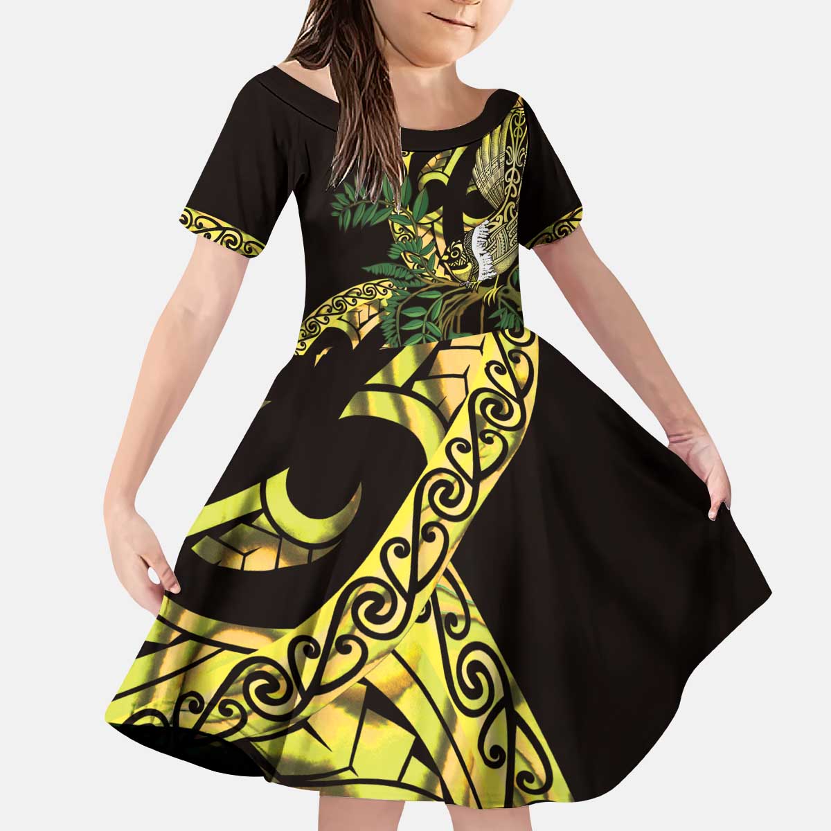 Yellow New Zealand Kowhai And Piwakawaka Kid Short Sleeve Dress Maori Ngaru Paua Shell LT14 KID Yellow - Polynesian Pride
