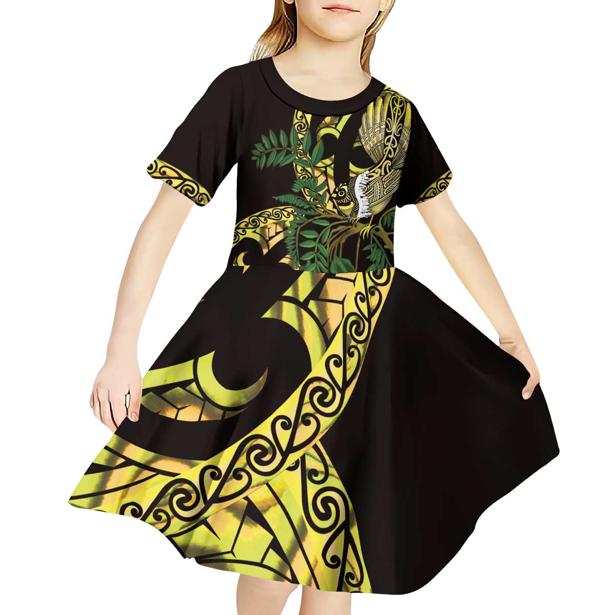 Yellow New Zealand Kowhai And Piwakawaka Kid Short Sleeve Dress Maori Ngaru Paua Shell LT14 - Polynesian Pride