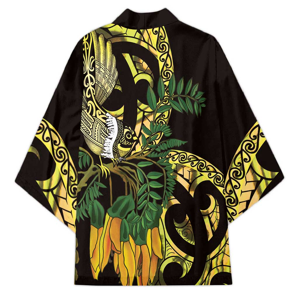 Yellow New Zealand Kowhai And Piwakawaka Kimono Maori Ngaru Paua Shell LT14 - Polynesian Pride