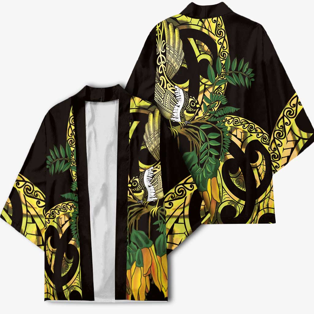 Yellow New Zealand Kowhai And Piwakawaka Kimono Maori Ngaru Paua Shell LT14 - Polynesian Pride