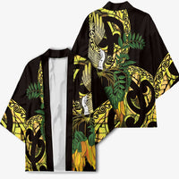 Yellow New Zealand Kowhai And Piwakawaka Kimono Maori Ngaru Paua Shell LT14 - Polynesian Pride