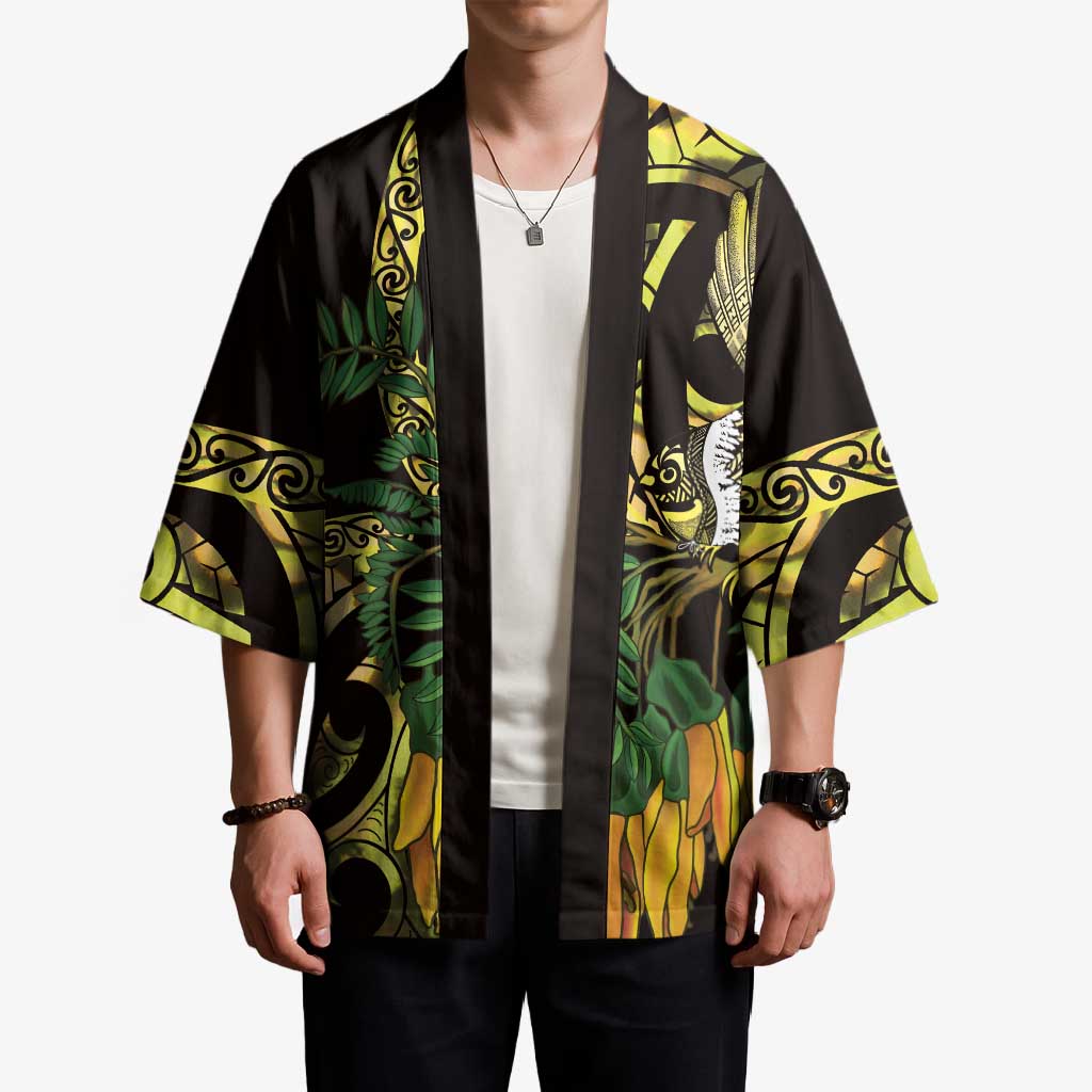 Yellow New Zealand Kowhai And Piwakawaka Kimono Maori Ngaru Paua Shell LT14 - Polynesian Pride