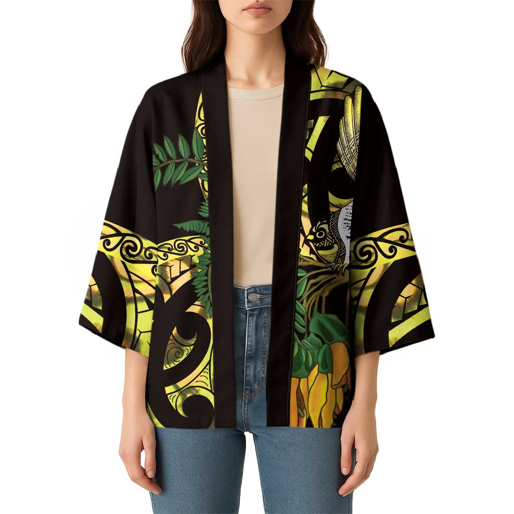 Yellow New Zealand Kowhai And Piwakawaka Kimono Maori Ngaru Paua Shell LT14 - Polynesian Pride