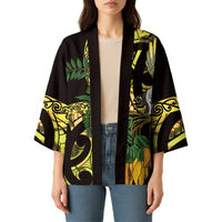 Yellow New Zealand Kowhai And Piwakawaka Kimono Maori Ngaru Paua Shell LT14 - Polynesian Pride