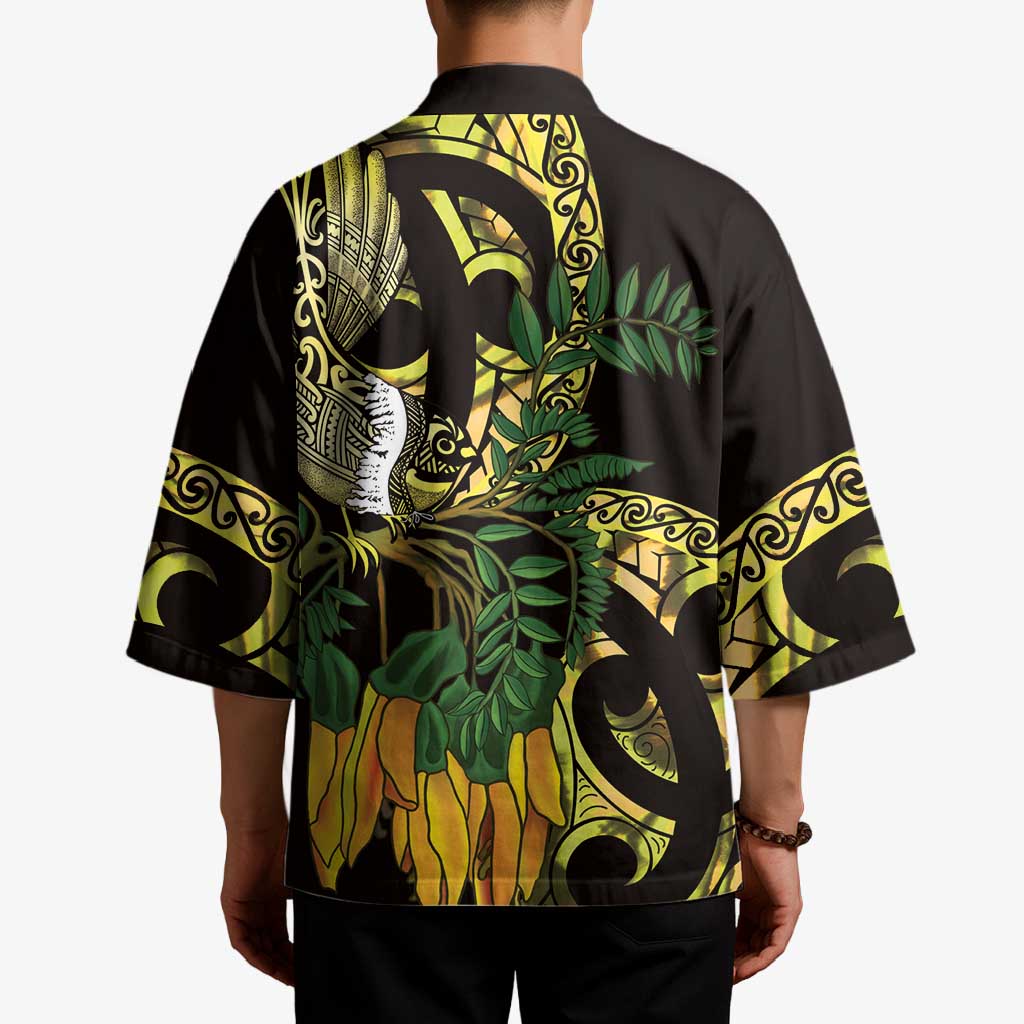 Yellow New Zealand Kowhai And Piwakawaka Kimono Maori Ngaru Paua Shell LT14 - Polynesian Pride